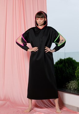 Hooded Festival Dress, Black Maxi Dress, Futuristic Clothing