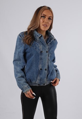 VINTAGE DENIM BOMBER JACKET CHECKED LINED UK 10 S (BB4B)
