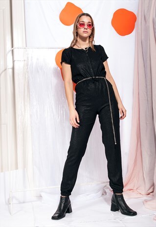 VINTAGE JUMPSUIT 90S LONG BLACK OVERALL ALL-IN-ONE