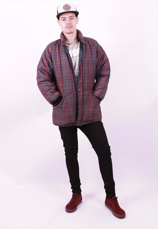 VINTAGE 80'S RED GREEN CHECK ORIGINAL PUFFA JACKET MEDIUM
