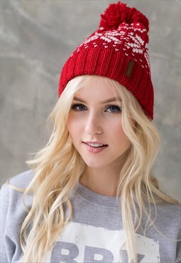 Snowflake Beanie Hat Fair Isle Knitted Cute Knit Red Women