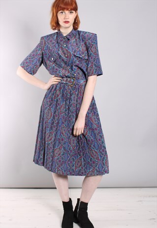 VINTAGE 80S PAISLEY PATTERNED BELTED SHIRT DRESS