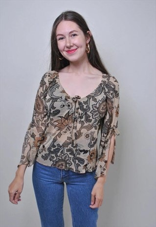 Vintage brown floral blouse, festival France pullover shirt