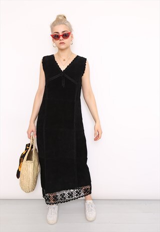 VINTAGE 70S BLACK SUEDE LEATHER CROCHET DRESS