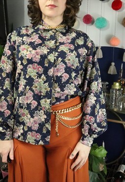 Vintage 80s Colourful Floral Flowery Flowers Shirt Blouse