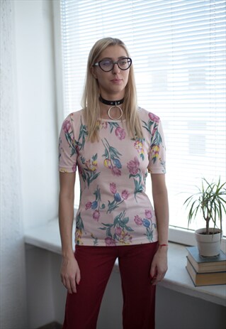 VINTAGE 80'S PINK SHIMMERING FLOWER PRINT SHORT SLEEVED TOP