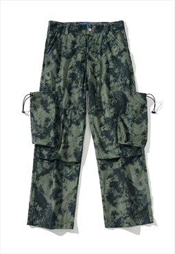 Tie-dye corduroy jeans cargo pocket gradient overalls green