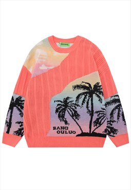 Tropical print sweater palm tree knitted jumper raver top