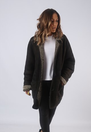 VINTAGE SUEDE SHEEPSKIN SHEARLING COAT UK 16 XL (B3C)