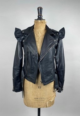 Vintage Style Ladies Recycled Leather Black Biker Jacket 