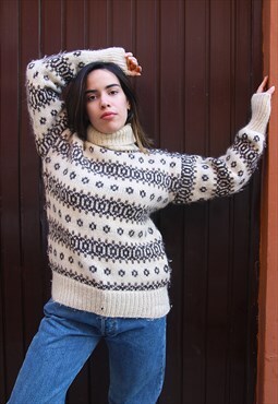 Cream & Brown Fair Isle Print Wool Polo Neck Sweater Jumper