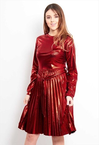 RED METALLIC LONG SLEEVED TIE WAIST MIDI DRESS