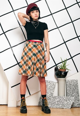 70S VINTAGE PLEATED PLAID SKIRT
