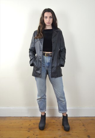 90S VINTAGE BLACK BUTTON UP LEATHER JACKET