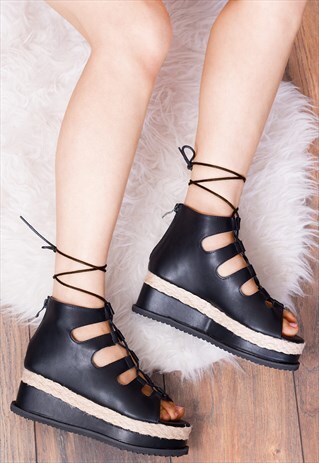 LACE UP PLATFORM SANDALS SHOES - BLACK LEATHER STYLE -BELLOW