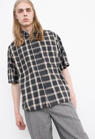 VINTAGE BEIGE GREY PLAID SHIRT CLASSIC GEOMETRIC PATTERN TOP