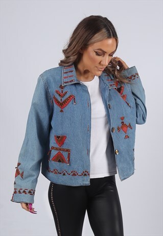 VINTAGE DENIM JACKET BOXY FIT PATTERNED UK 10 - 12 (J53O)