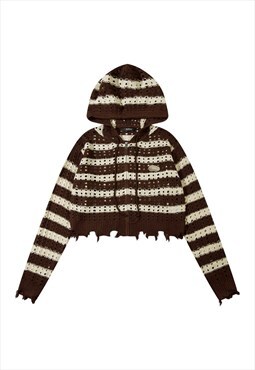 Mesh knitted crop hoodie transparent stripe jumper in brown