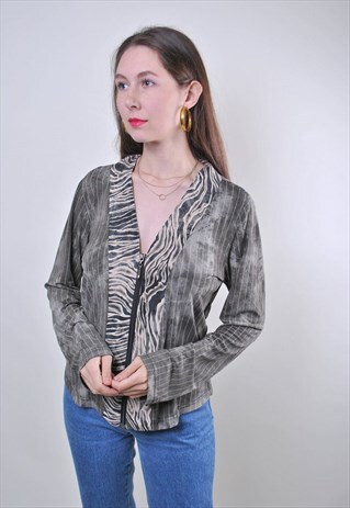 VINTAGE GREY ZEBRA PRINT WOMEN DEEP DECOLLATE ZIPPED BLOUSE