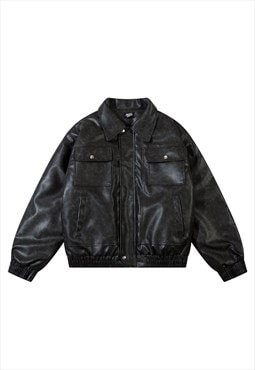 Faux leather aviator jacket vintage wash PU varsity in black