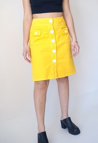 VINTAGE Y2K YELLOW BUTTONDOWN PENCIL COTTON SKIRT S M