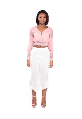 PINK EYELASH LACE TRIM LONG SLEEVE CROP TOP