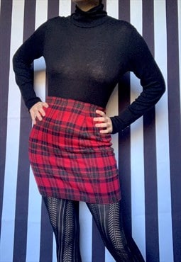 Vintage 80s mini red black tartan skirt, elastic, UK10/12
