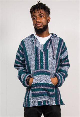 90'S VINTAGE GRUNGE GREEN STRIPE BAJA HOODIE