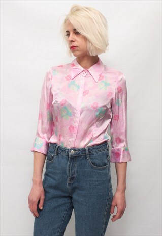 VINTAGE 90' AMAZING CUTE SHINY SILK PASTEL PINKSHIRT