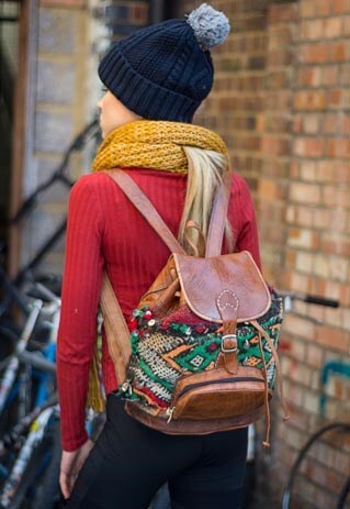 LEATHER AND CARPET RUCKSACK IN BROWN