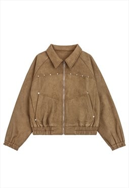 Velvet varsity jacket faux leather studded bomber in brown