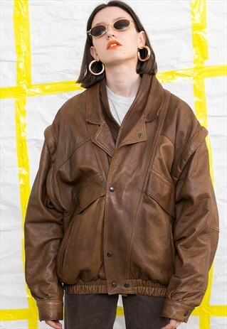 UNISEX BROWN GENUINE LEATHER JACKET WITH REMOVABLE SLEEVES