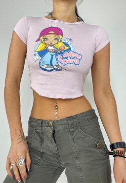 Vintage Y2k Top Baby Tee Cropped Cartoon Girl Print 90s Pink