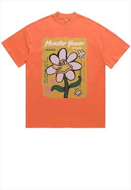 Floral t-shirt vintage poster tee 70s hippie top orange