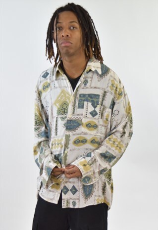 VINTAGE 90S WHITE GREEN PATTERNED SHIRT