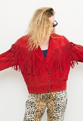 RED WESTERN LEATHER SUEDE FRINGE JACKET