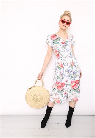 VINTAGE 90S WHITE FLORAL PRINT MIDI DRESS