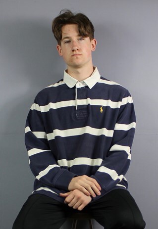 VINTAGE POLO RALPH LAUREN RUGBY POLO SHIRT IN NAVY BLUE AND