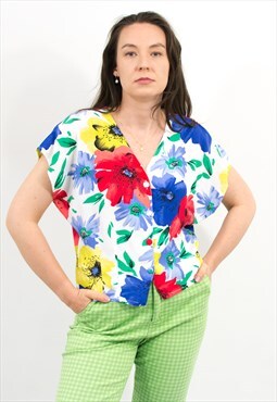 Vintage 80s blouse in rainbow floral pattern