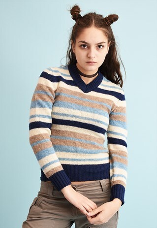 70'S RETRO JAZZY STRIPED PATTERN WOOL KNIT JUMPER