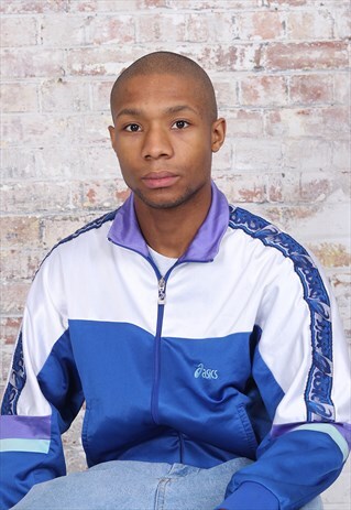 VINTAGE ASICS TAPE LOGO TRACK JACKET BLUE AND WHITE