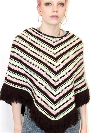90S VINTAGE KNITTED PONCHO FESTIVAL BOHO BROWN FRINGE CAPE