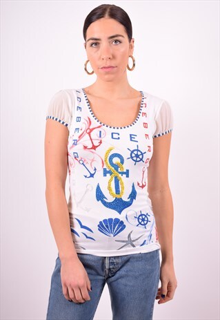 ICEBERG WOMENS VINTAGE T-SHIRT TOP SMALL WHITE 90'S