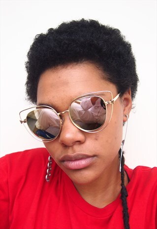 SILVER REFLECTIVE GOLD FRAME CAT EYE SUNGLASSES
