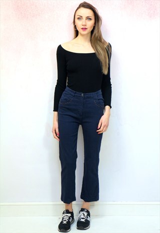 1990S VINTAGE DARK BLUE HIGH WAIST FLARED STRETCH JEANS