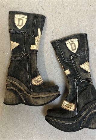 VINTAGE 90S Y2K EL DANTE DENIM PLATFORM BOOTS