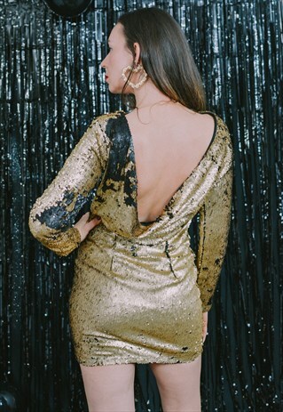 SEQUIN DRESS MINI GOLD BLACK PARTY OPEN BACK COCKTAIL M