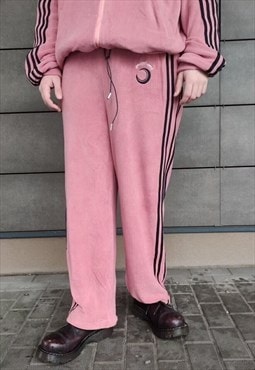 Soft fleece track joggers pastel stripe wide overalls pink