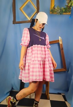 Reworked Handmade Nike tiered gingham and purple babydoll dr