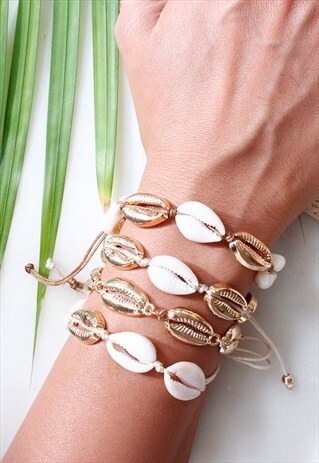 SINGLE GOLD PUKA SHELL CREAM THREAD BEACH BOHO BRACELET